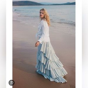 Free People Rock The Runway Maxi Skirt Tiered Ruffled Blue & White Striped